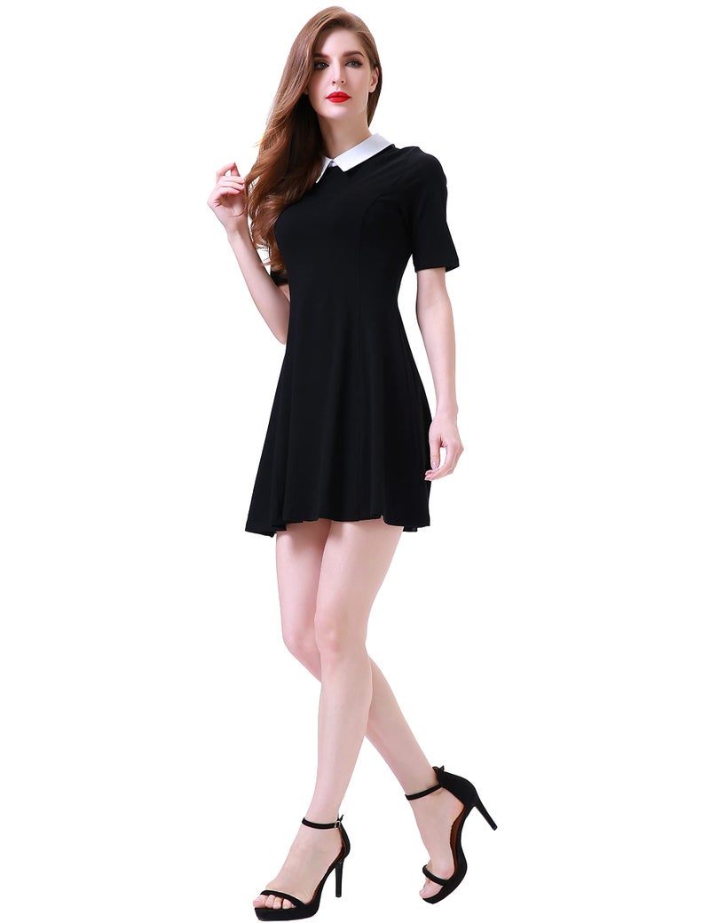 Aphratti Women's Short Sleeve Peter Pan Collar Cute Skater Dress Fit and Flare A-Line Casual Dresses Black Large - Image 5